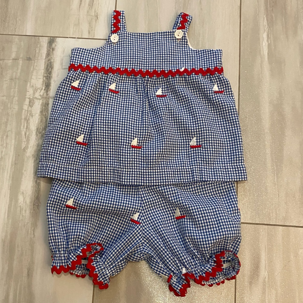 Blue and Red Kids Matching Set with Sailboat Design